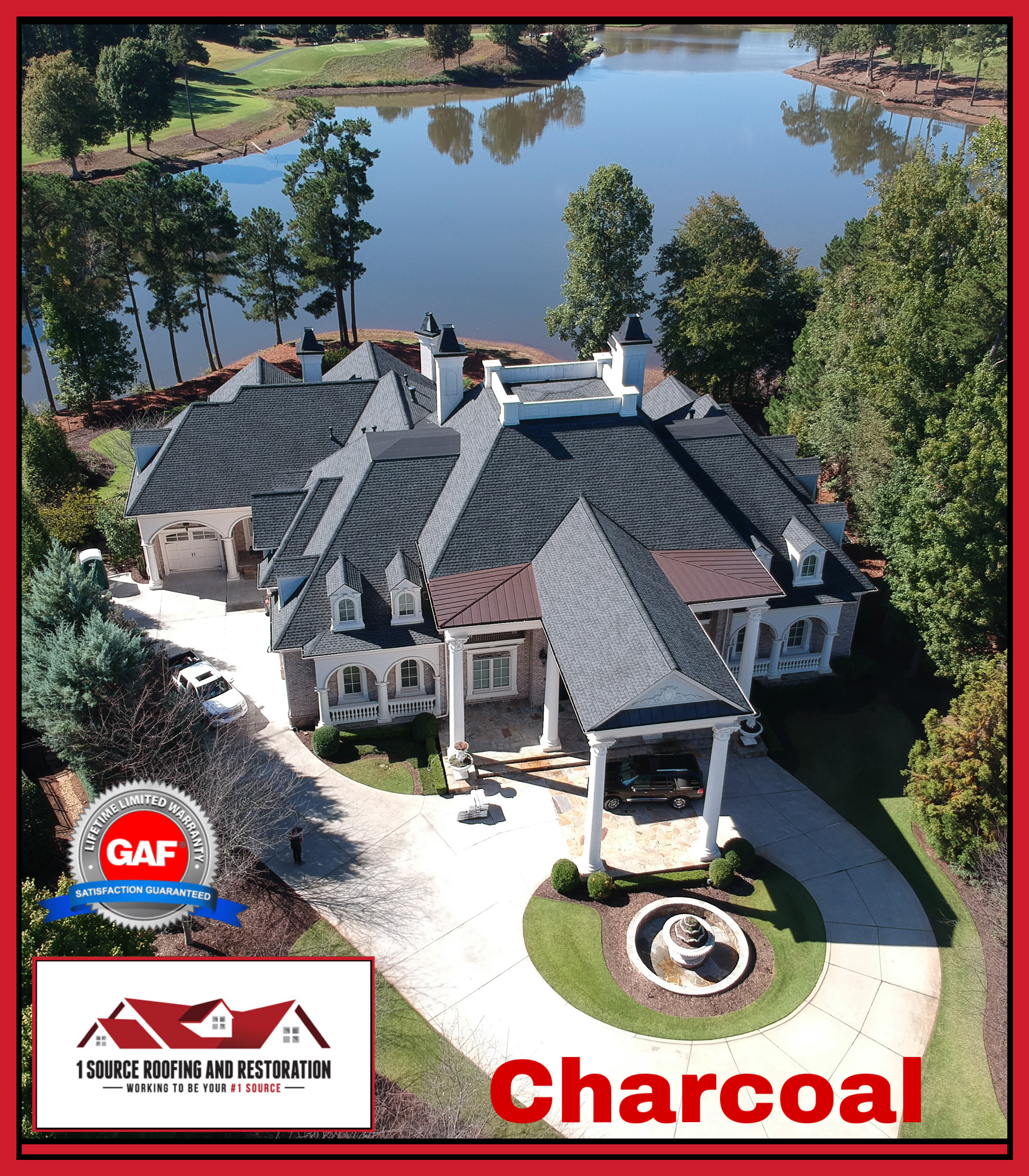 Charcoal architectural shingle installation — aerial drone view of completed roof